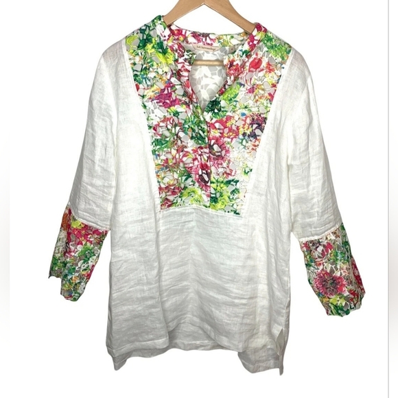 Medium Soft Surroundings 100% Linen Boxy Tunic with Mandarin Collar - Picture 3 of 7